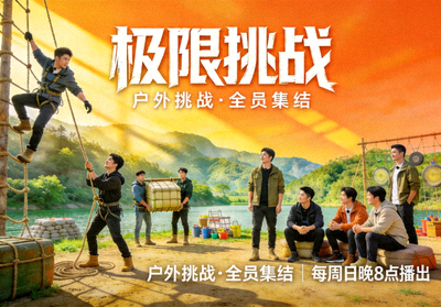 真人秀《极限挑战》海报，成员们在户外任务中